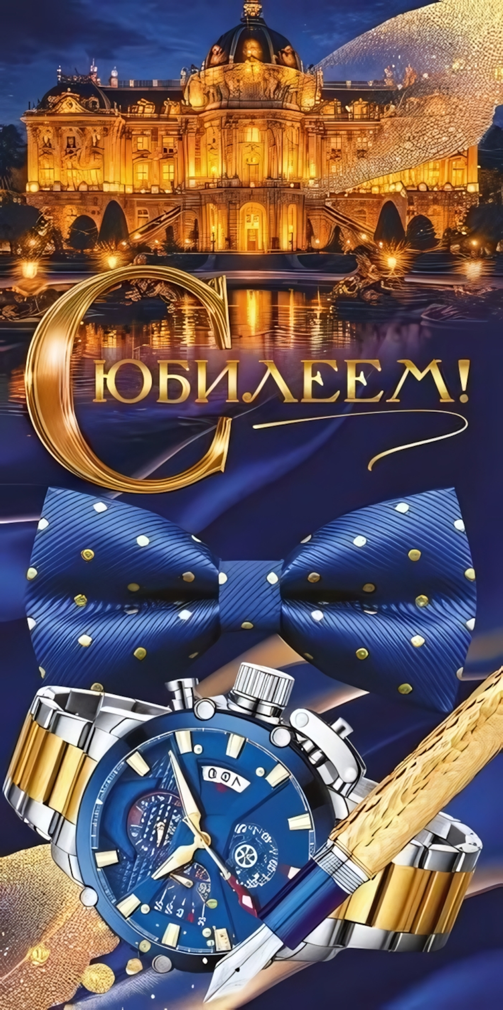 Конверт для денег "С Юбилеем!" часы, перо, бабочка, здание (Открытая планета)