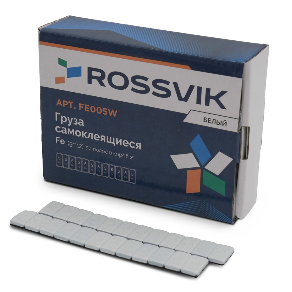 Груза клеевые (Fe) для легковых колес ROSSVIK FE005W, 12*5 г, тонкие, БЕЛАЯ эмаль, (50шт./кор.)