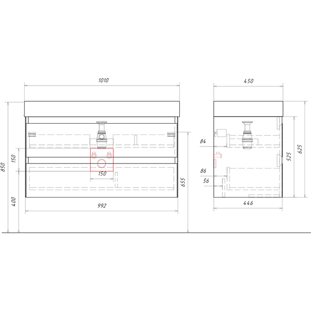 AQ GE01102WM "Geometria" Тумба с двумя ящиками под умывальник 100 см., цвет белый