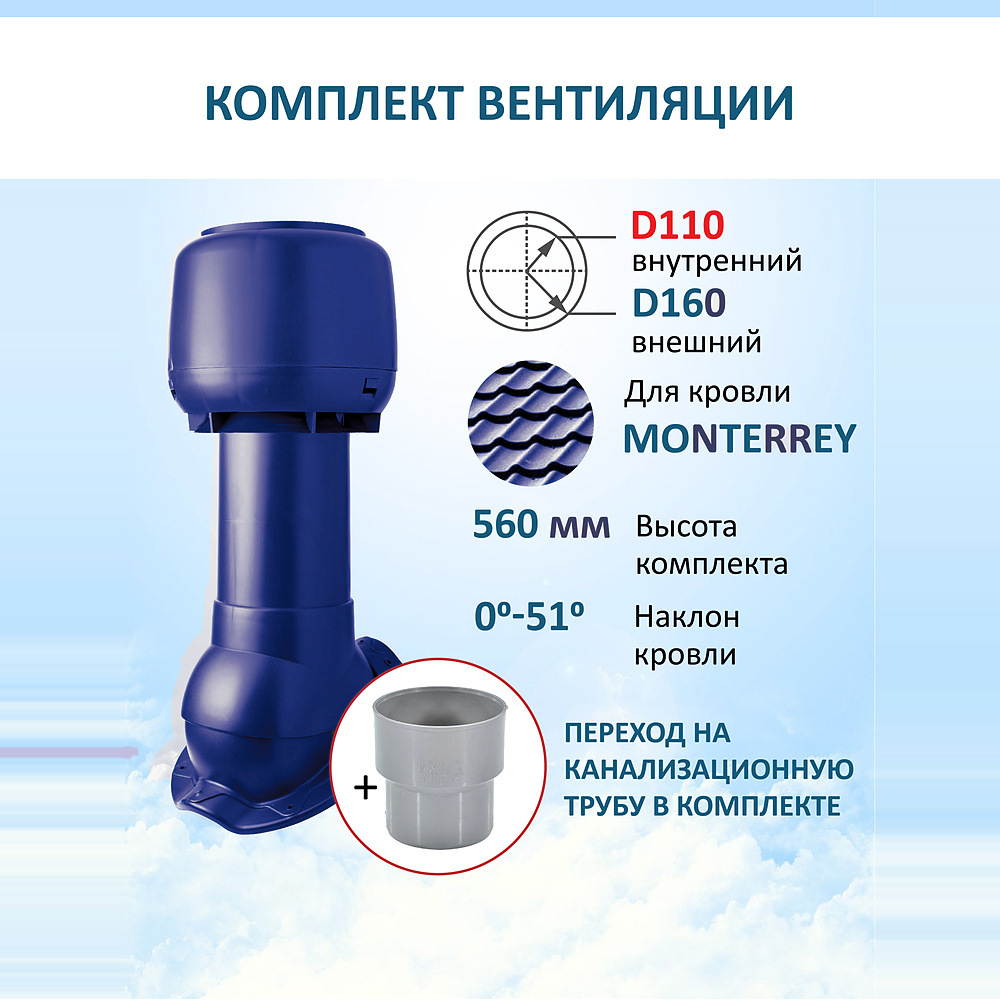 Комплект вентиляции: Вентиляционный выход изолированный D125/160 утепленный высота H=500 мм, проходной элемент для металлочерепицы Monterrey, колпак вентиляционный D160 мм, переход на канализационную трубу D110 с вентиляционного выхода 125/160 без уплотнения, синий