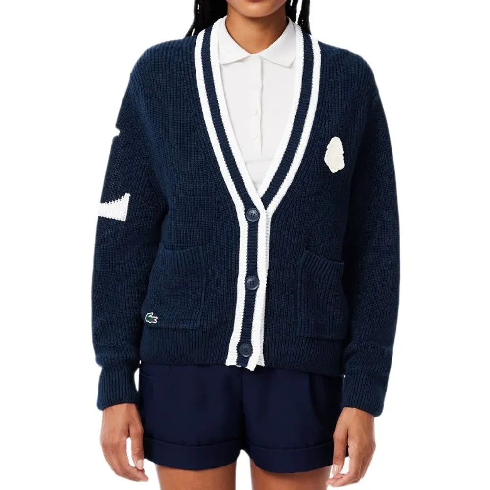 Женская теннисная куртка Lacoste Badge Accent Wool Blend Golf Cardigan - navy blue/white