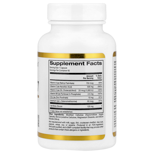 California Gold Nutrition, Defender 7, добавка с витаминами A, C, D3 и B6, цинком, селеном и бета-глюканом, 60 растительных капсул