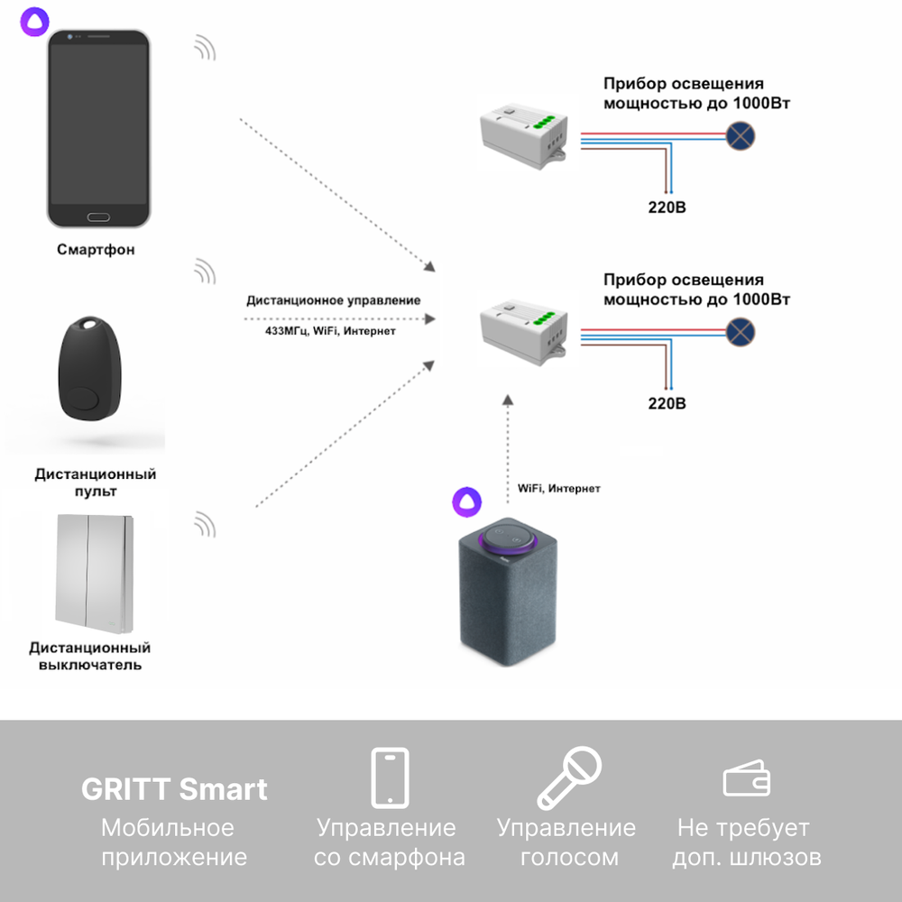 Умный беспроводной выключатель GRITT Evolution 2кл. серебристый комплект: 1 выкл. IP67, 2 реле 1000Вт 433+WiFi с управлением со смартфона EV221220SLWF