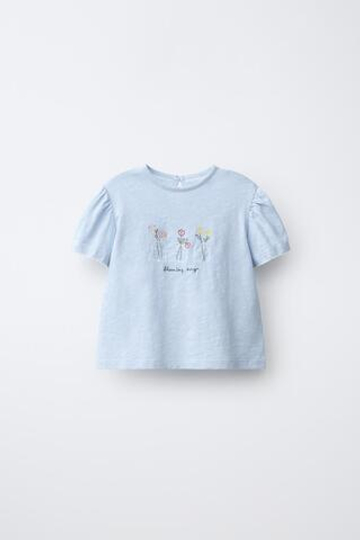 ZARA ФУТБОЛКА С ЦВЕТОЧНОЙ ВЫШИВКОЙ, СИНЕВАТЫЙ