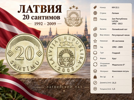Латвия 20 сантимов, 2009 Герб XF