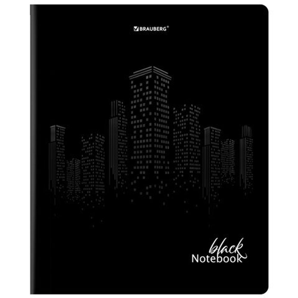 Тетрадь А5, 48 л., BRAUBERG, скоба, клетка, матовая ламинация, выборочный лак, "Black", 404375, 1шт