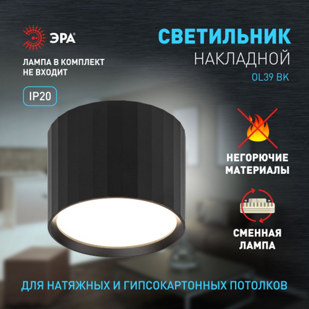 Светильник настенно-потолочный спот ЭРА OL39 BK под GX53 IP20 черный | Накладные светильники