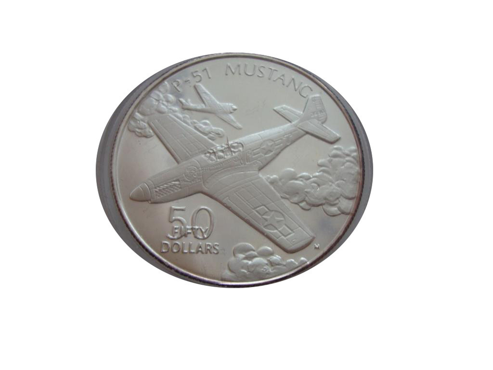 Маршалловы о-ва 50 долларов 1991 Самолет P-51 Mustang Мустанг Американский истребитель Война СЕРЕБРО
