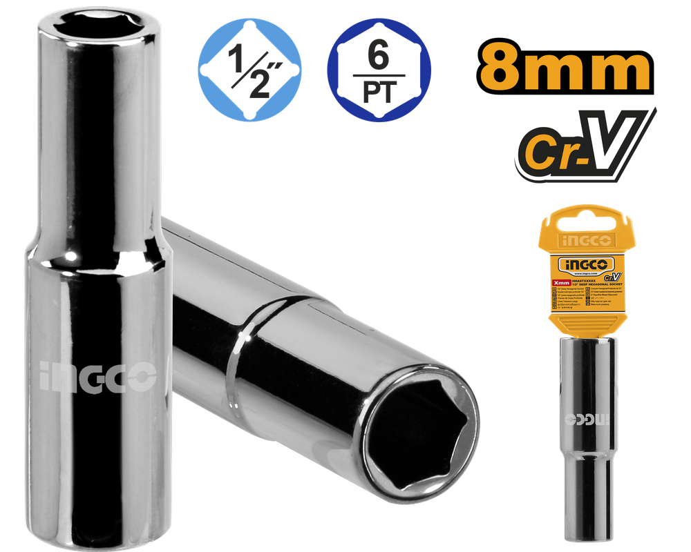 Головка торцевая шестигранная удлиненная INGCO HHAST12083L INDUSTRIAL 1/2" 8 мм