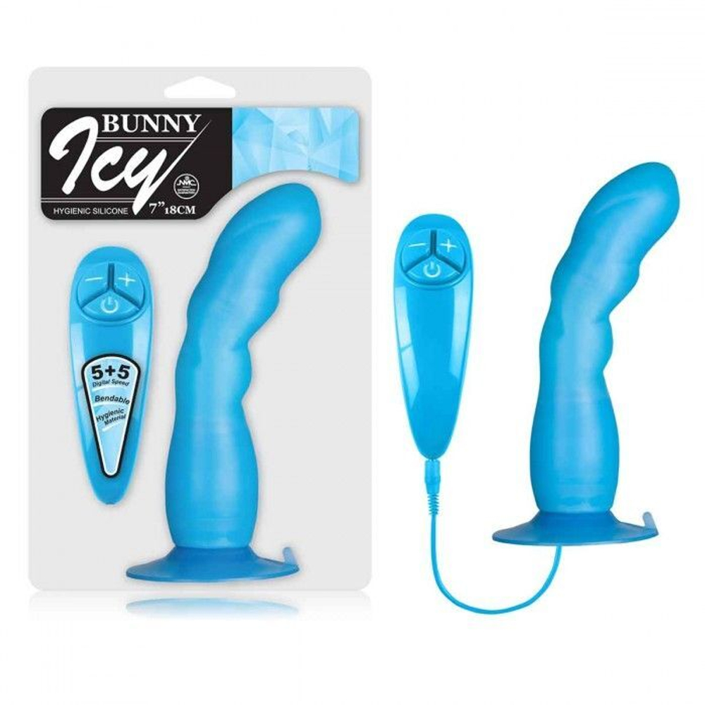 Голубой вибратор для G-точки BUNNY ICY - 18 см.