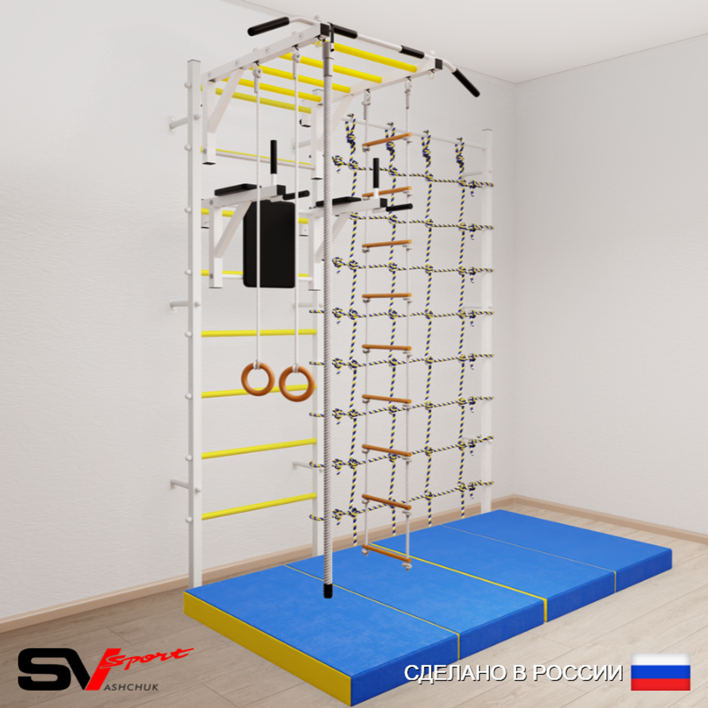 Шведская стенка Sv Sport усиленная 62340 (Турник рукоход/Брусья/Канат/Кольца/Лестница/Мат 2м/Канатный лаз)