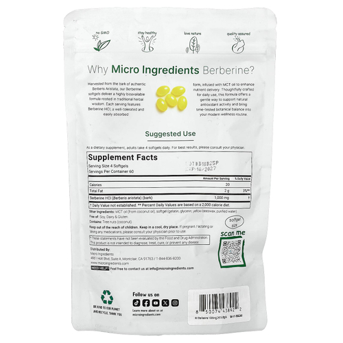 Micro Ingredients, берберин, 240 капсул (250 мг в 1 капсуле)