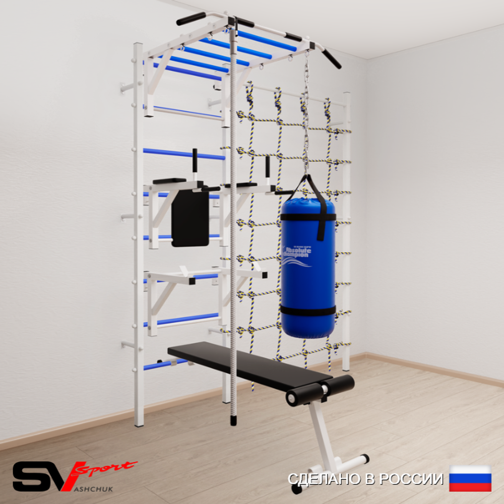 Шведская стенка Sv Sport усиленная 66020 (Турник рукоход/Брусья/Стойка/Скамья/Канат/Цепь/Мешок 22кг/Канатный лаз)
