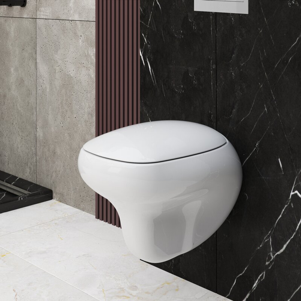 Унитаз Diamond 123T20001R (530*405*375) БЕЛЫЙ подвесной БЕЗОБОДКОВЫЙ с толстой крышкой, 2 места