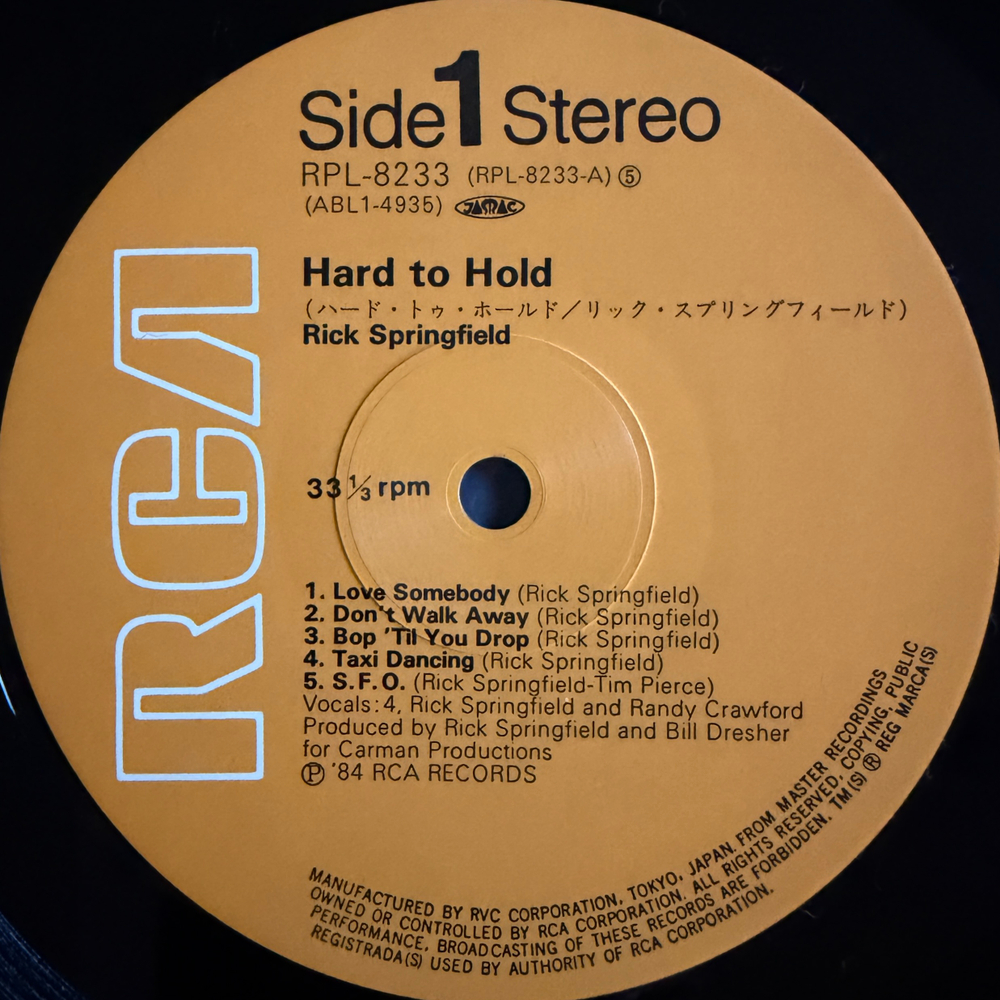 Виниловая пластинка Rick Springfield - Hard To Hold - Soundtrack Recording LP