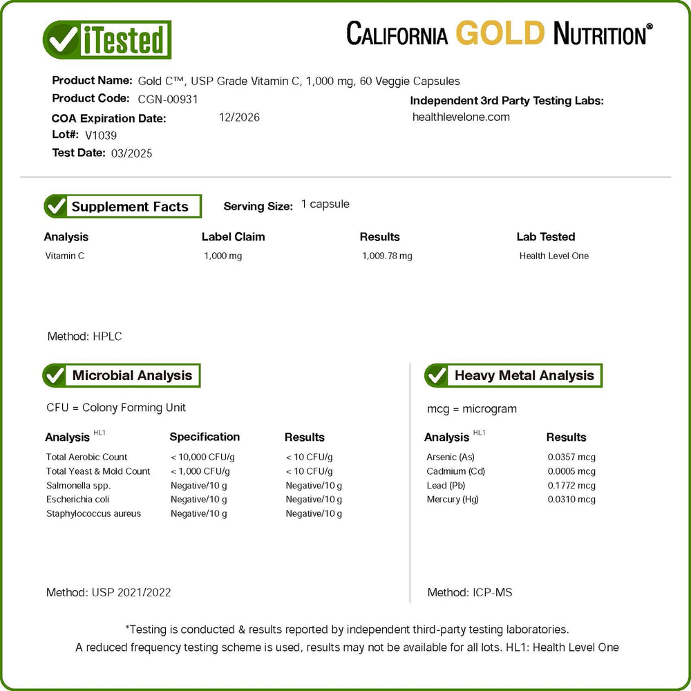 California Gold Nutrition, Gold C®, витамин C класса USP, 1000 мг, 60 растительных капсул