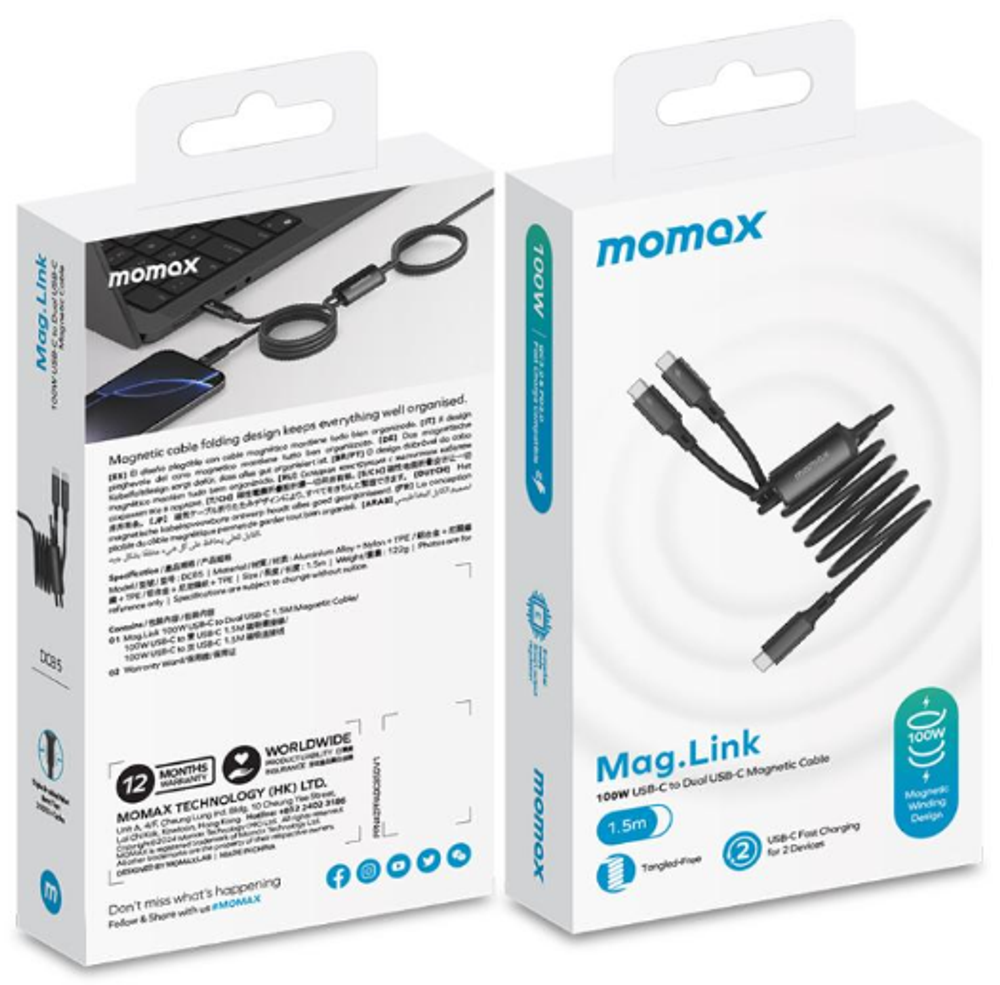 Usb Кабель-зарядка Type-C на 2Type-C Momax Mag.Link 100W DC85D 1.5м черный