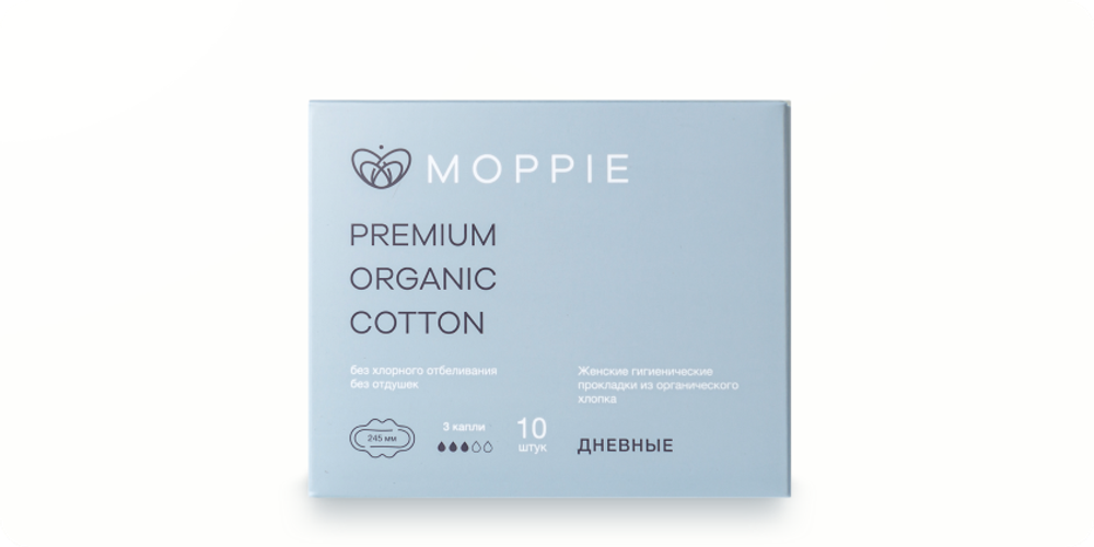 Прокладки дневные Moppie premium organic cotton 3 капли 10 штук (голубые) Прокладки дневные Moppie premium organic cotton 3 капли 10 штук (голубые)
