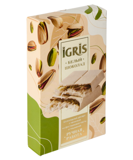 Шоколад белый IGRIS с начинкой из фисташковой пасты и пишмание, 150г