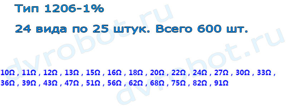 Набор 1206 SMD резисторов 10 Ом-91 Ом