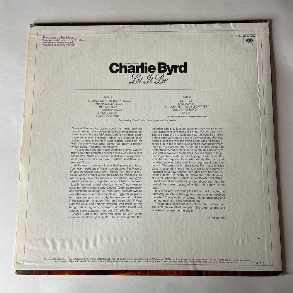 Винтажная виниловая пластинка LP Charlie Byrd Let It Be (США 1970)