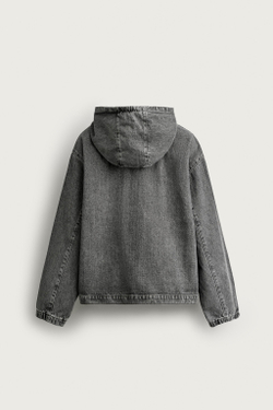 ZARA ДЖИНСОВАЯ КУРТКА RELAXED FIT С КАПЮШОНОМ, СЕРЫЙ