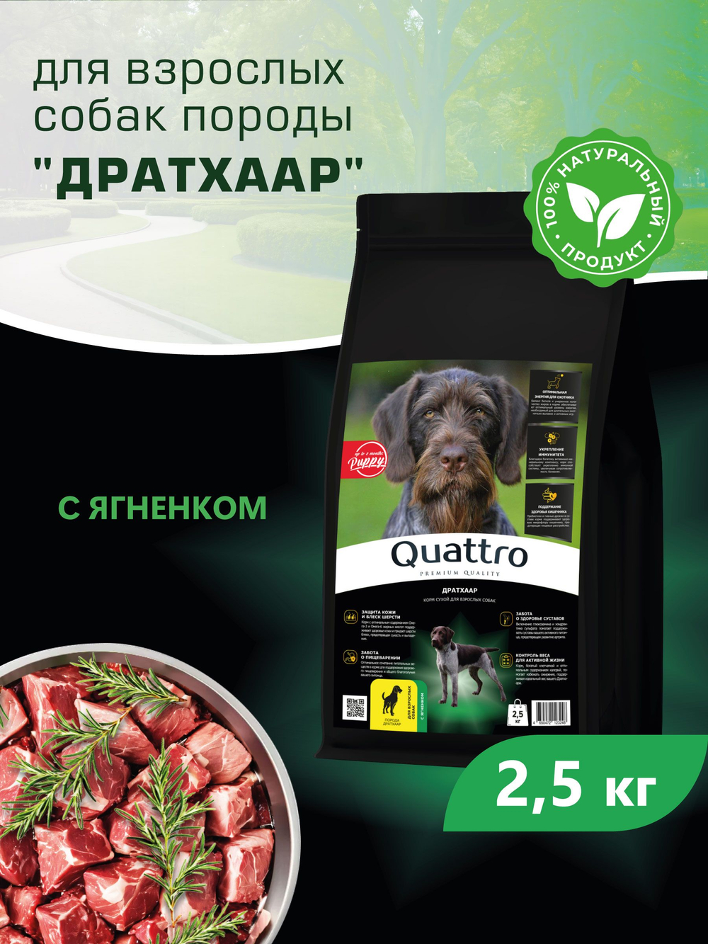 Корм сухой для взрослых собак породы Дратхаар, с ягненком, 2.5 кг, QUATTRO