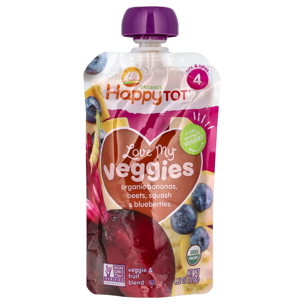 Happy Family Organics, Happy Tot®, Love My Veggies, этап 4, органические бананы, свекла, тыква и голубика, 4 пакетика по 120 г (4,22 унции)