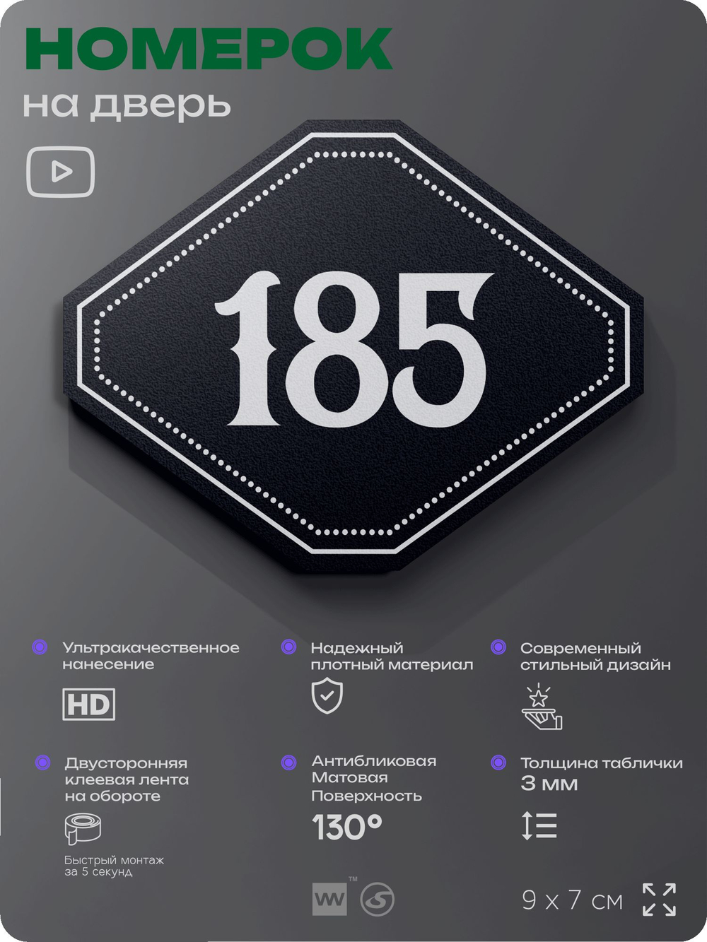 Номерок на дверь квартиры 185, для кабинета, офиса, шильдик 9 х 7 см, черный, Айдентика Технолоджи