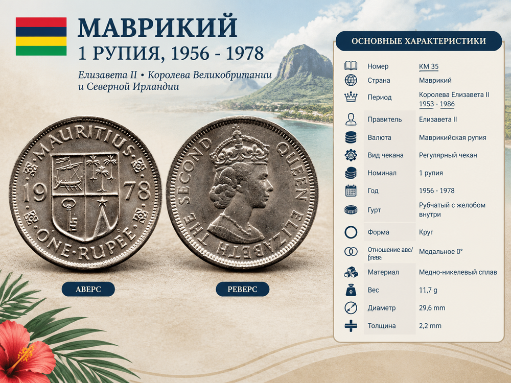 Маврикий 1 рупия, 1978 Королева Елизавета II aUNC