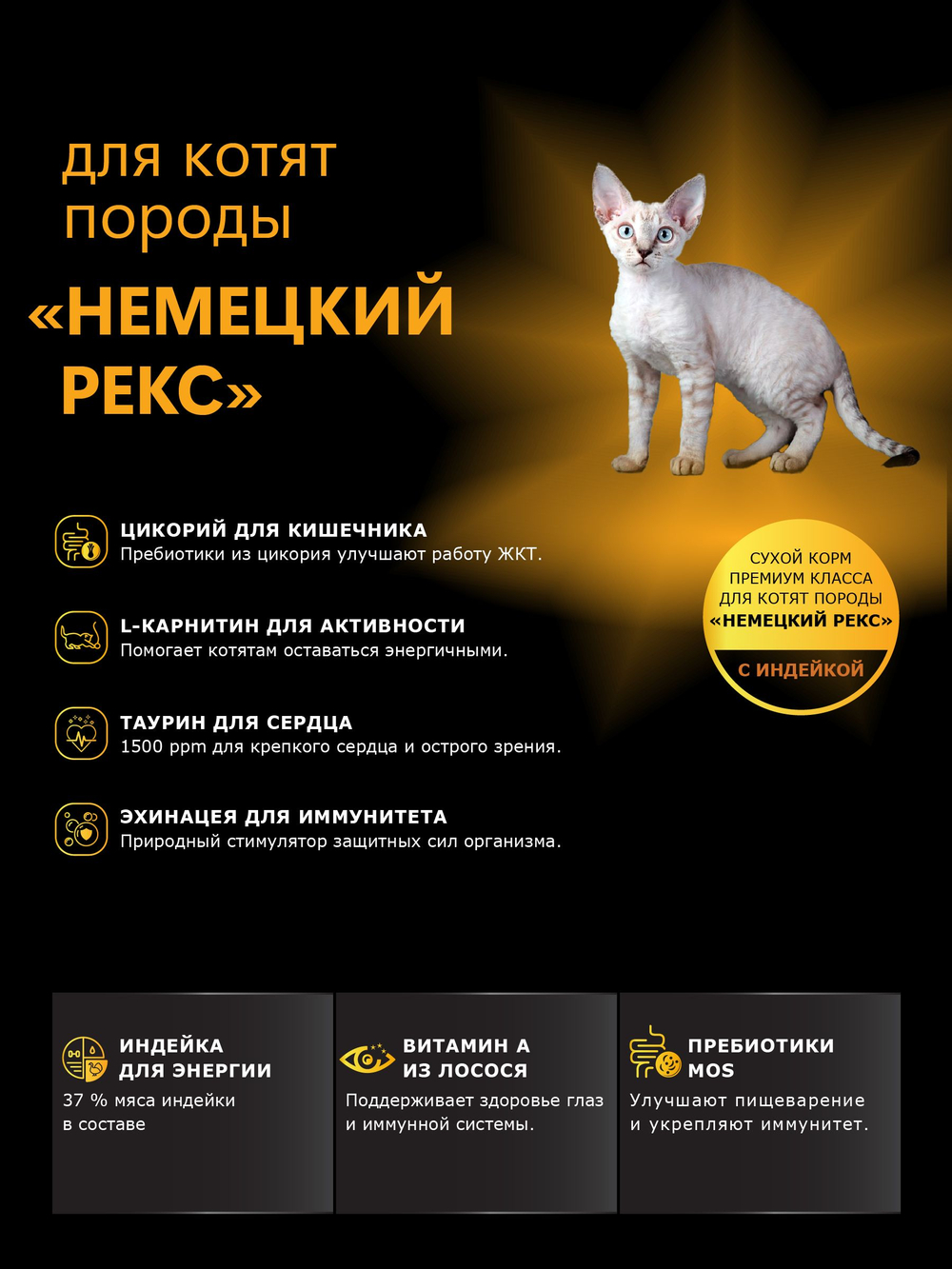Корм сухой для котят породы Немецкий рекс, с индейкой, 2 кг, QUATTRO