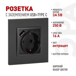 Розетка ЭРА Elegance 14-4108-05 2P+E 16A-250В со шторками с USB type-A+C 5В-3А антрацит | Эра Elegance