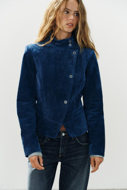 ZARA ДВУБОРТНАЯ КУРТКА ИЗ 100% ЗАМШИ, ИНДИГО
