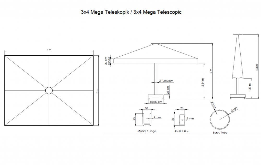 Зонт профессиональный 3х4 м Theumbrela Semsiye Evi Mega Telescopic