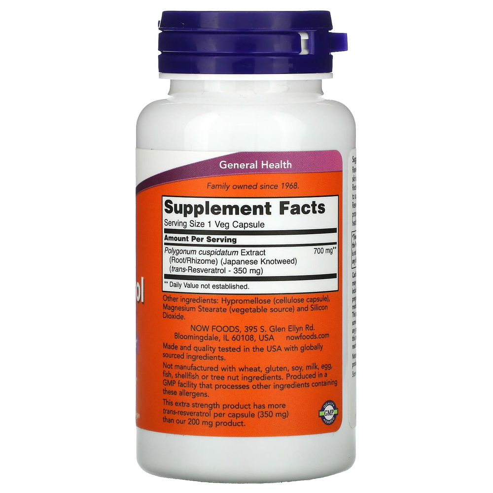 NOW Foods, ресвератрол, 350 мг, 60 вегетарианских капсул