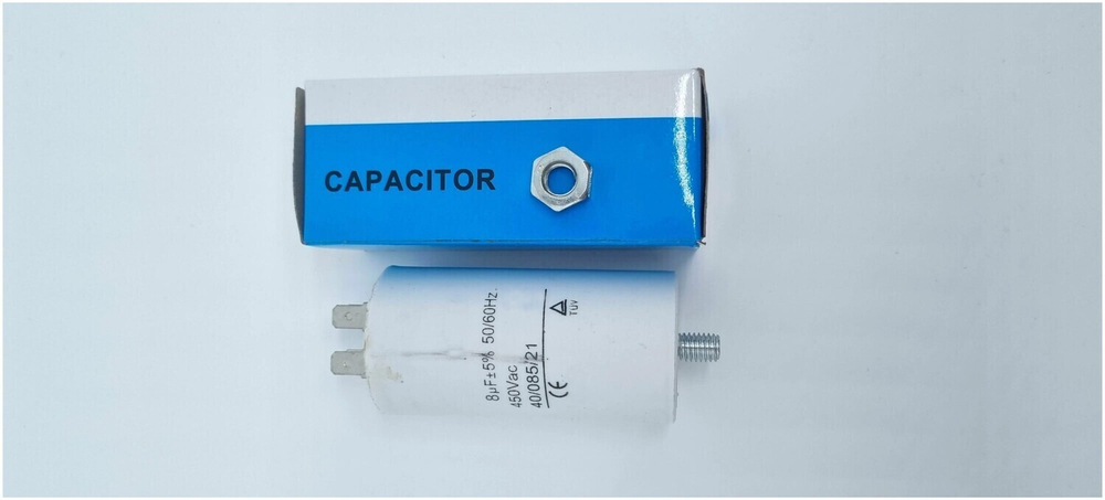 Конденсатор пусковой 8uF (8мкФ) 450V (4 клеммы, с болтом)