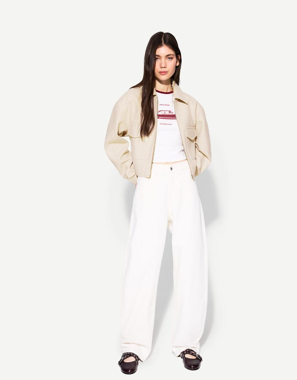 BERSHKA Мягкая укороченная куртка на молнии, экрю