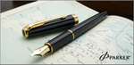 Перьевая ручка и чехол из кожи Parker Sonnet F530, цвет: LaqBlack GT, перо: F, перо: золото 18К
