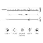 Лента Gauss LED  2835/120-SMD IP20 6,5W 24V DC 600Lm 5000K (блистер 5м) 312000265