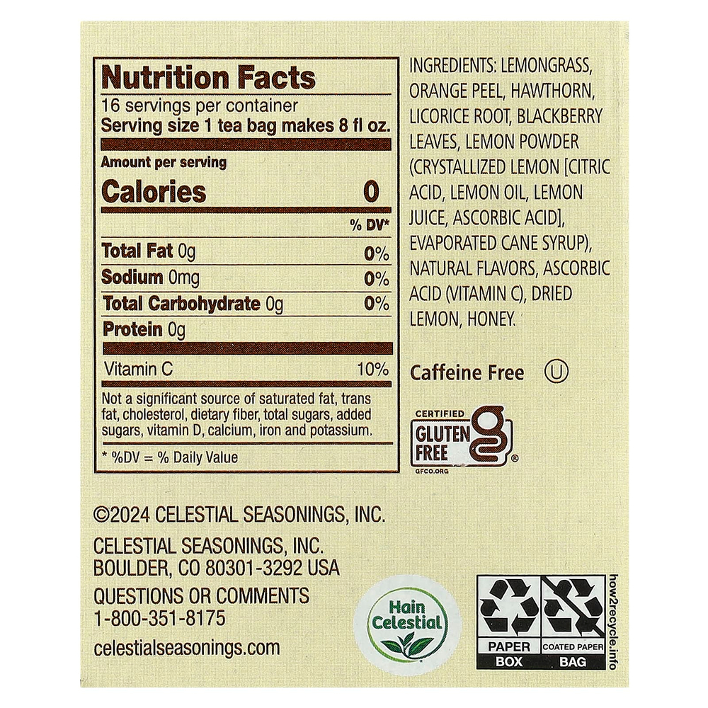 Celestial Seasonings, Herbal Tea, лимонно-медовые капли, без кофеина, 16 чайных пакетиков, 22 г (0,8 унции)