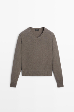 Massimo Dutti Свитер из 100% шерсти с V-образным вырезом, кротово-коричневый
