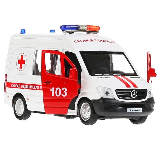Машина металл MERCEDES-BENZ SPRINTER СКОРАЯ длина 14 см, двери, кор. Технопарк