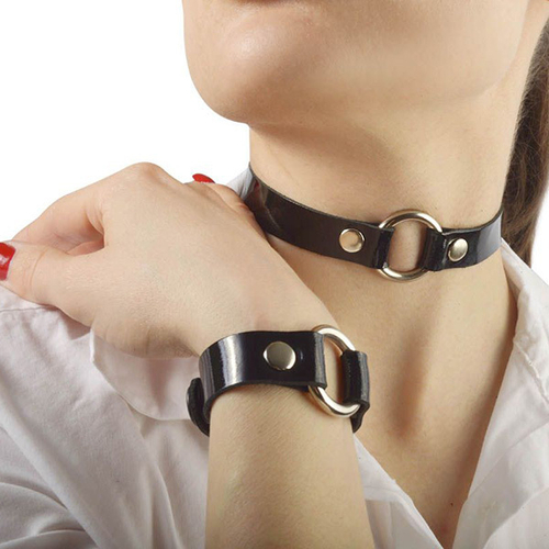 Черный кожаный лаковый чокер 40см с металлическим колечком Sitabella BDSM Accessories 3138-10