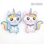 Шар (35"/89 см) Фигура, Котенок-единорог, Голубой 1 шт.