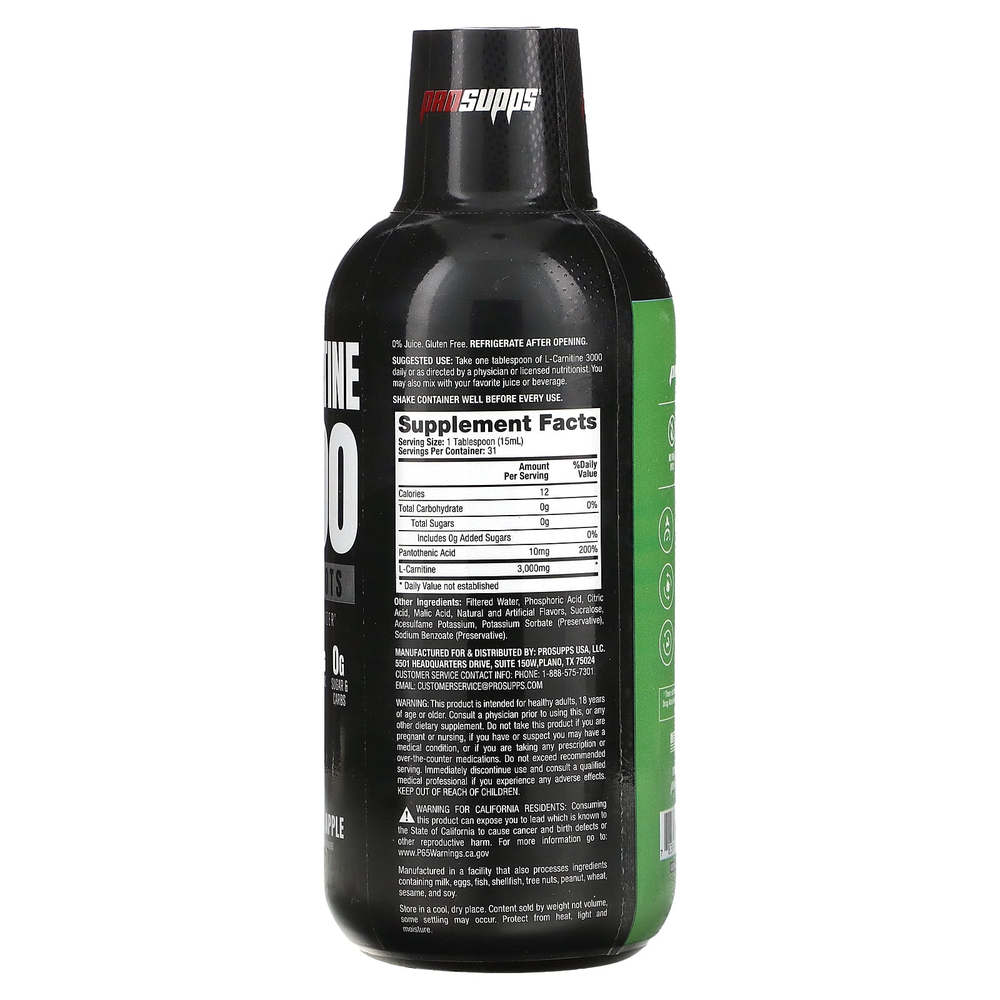 ProSupps, L-карнитин 3000, Liquid Shot, зеленое яблоко, 473 мл (16 жидк. унций)