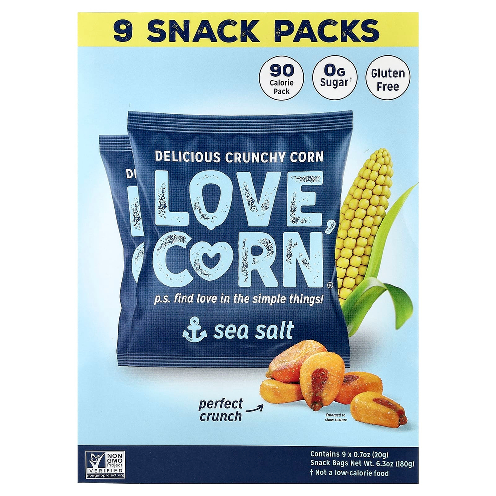 Love Corn, вкусная хрустящая кукуруза, с морской солью, 9 пакетиков по 20 г (0,7 унции)