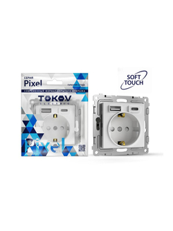 Розетка 1-м СП Pixel IP20 с заземл. с 2-мя заряд. устр. USB тип A+C механизм айс TOKOV ELECTRIC TKE-PX-R1U2AC-C34