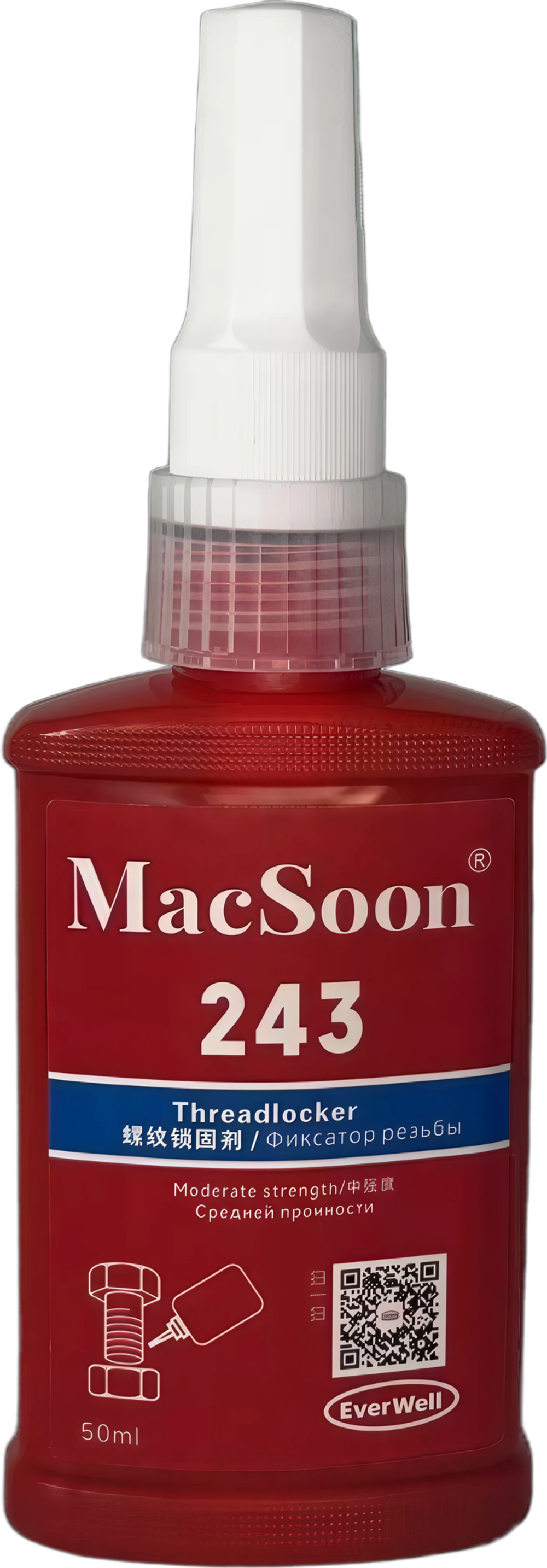 MacSoon 243, фиксатор резьбы средней прочности, для фиксации и герметизации резьбовых соединений на металлах (латунь, медь) и поверхностях с гальваническим покрытием (нержавеющая сталь), 50 мл