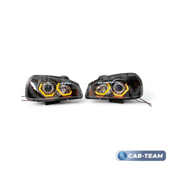 Фары Лада Калина 1 передние в стиле BMW с Bi LED модулями 2,0 дюйма, галочки в цвете Lime (пластик. стекло)
