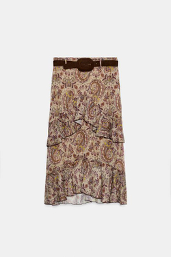 ZARA ЮБКА МИДИ С ПРИНТОМ, ОБОРКАМИ И ПОЯСОМ, РАЗНОЦВЕТНЫЙ
